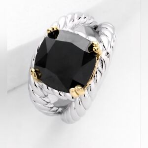 Cushion Cut CZ Jet Black Stone Accented Twisted Rope Ring